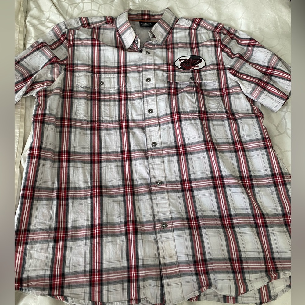 Original Harley Davidson white red and black button down performance shirt.